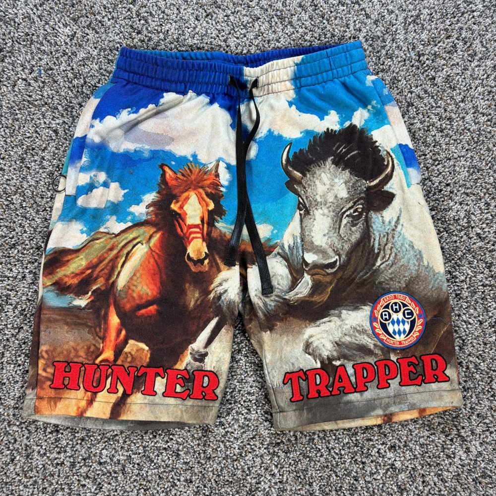 AKOO Men's S Hunter Trapper Graphic French Terry Shorts Blue Multi Horse Buffalo
